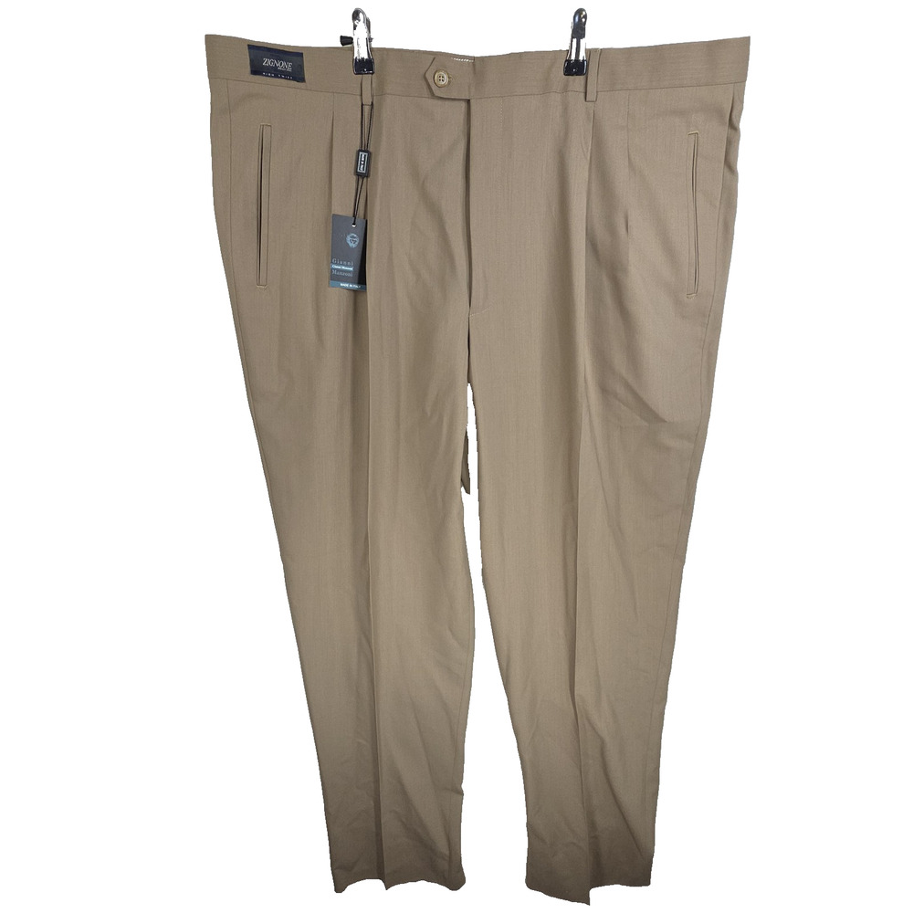 Zignone Dress Pants Mens 46x38 Beige Wool Pleated Unhemmed High Twist Italy
